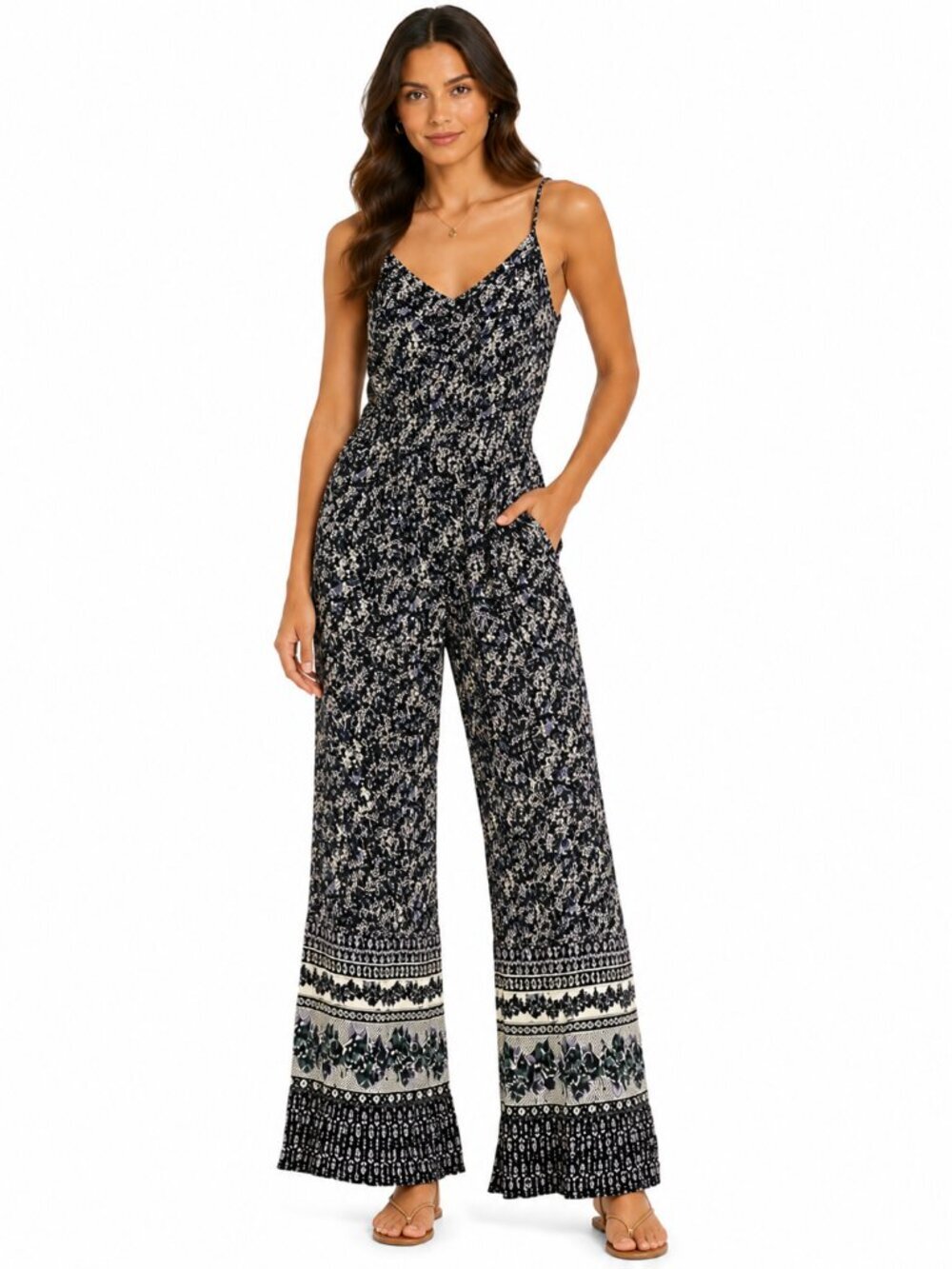 MIMI CHICA Jumpsuit Sleeveless Rayon Floral Black Purple Blue Cream Size Medium